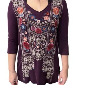 Johnny Was Women Purple Floral Embroidered Cotton Rayon Shirt Size Small Boho